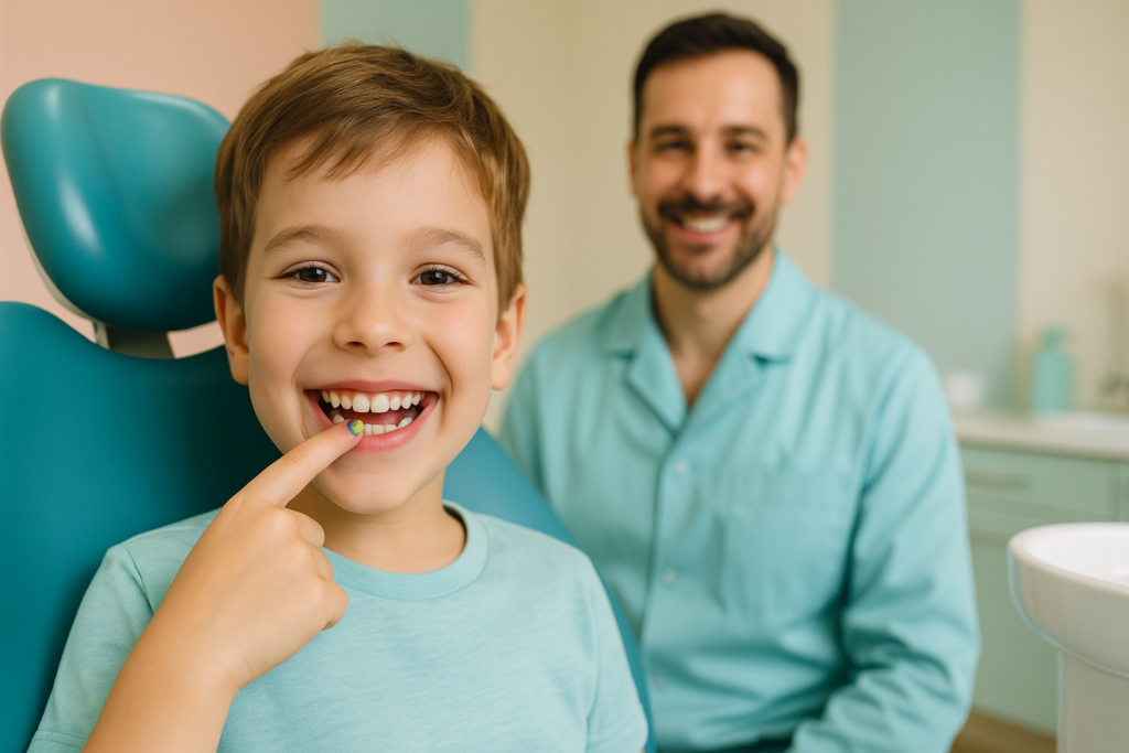Dziecko z kolorową plombą podczas wizyty w gabinecie stomatologicznym w Gałkowie