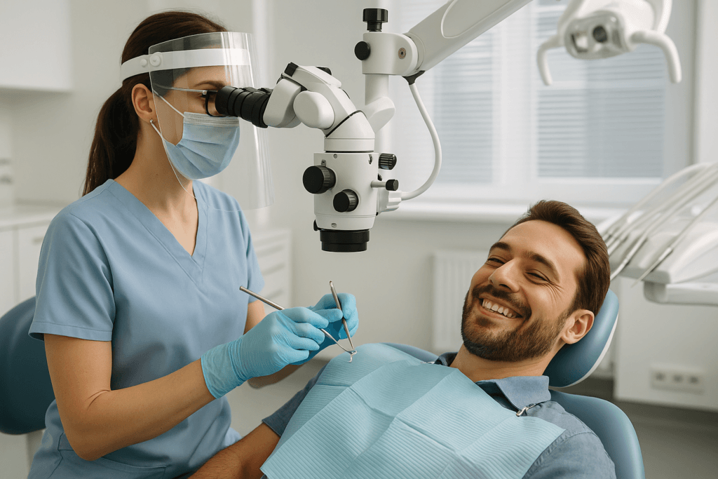 Pacjent w gabinecie podczas bezbolesnego leczenia kanałowego pod mikroskopem