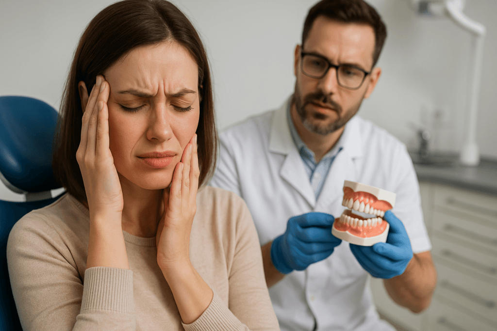 Kobieta odczuwająca ból szczęki i głowy podczas konsultacji stomatologicznej
