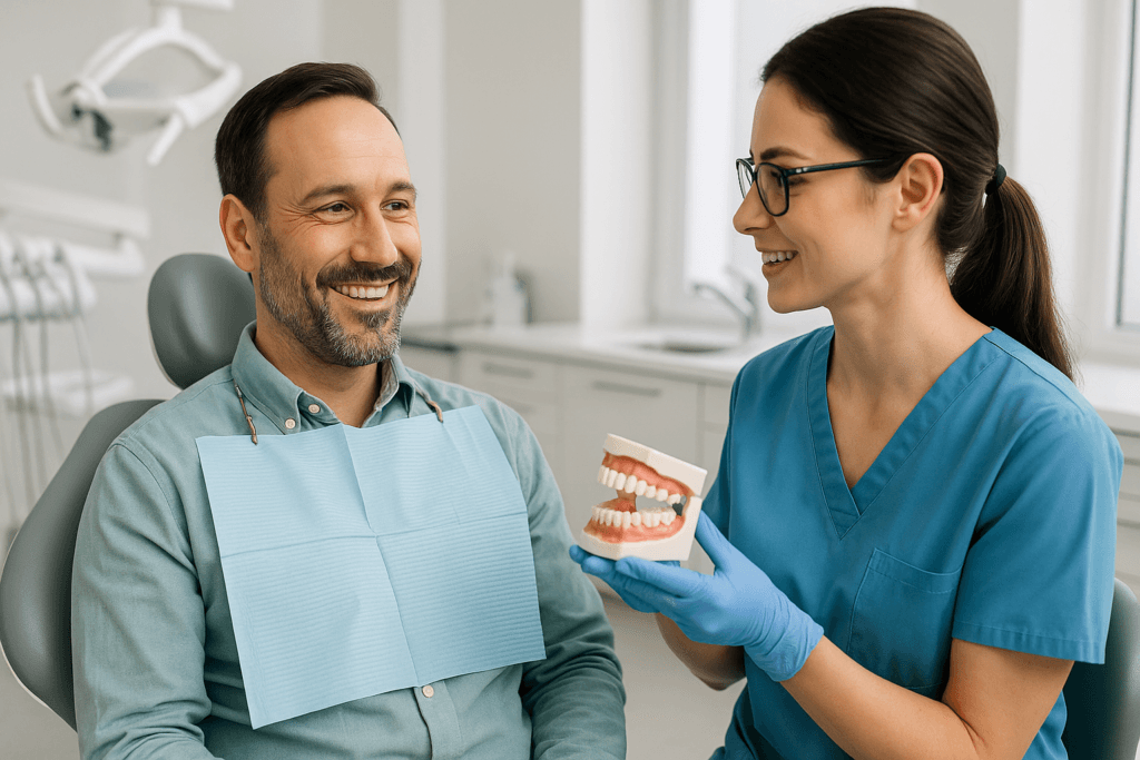 Pacjent omawia przebudowę zwarcia z dentystką w Gałkowie Dużym