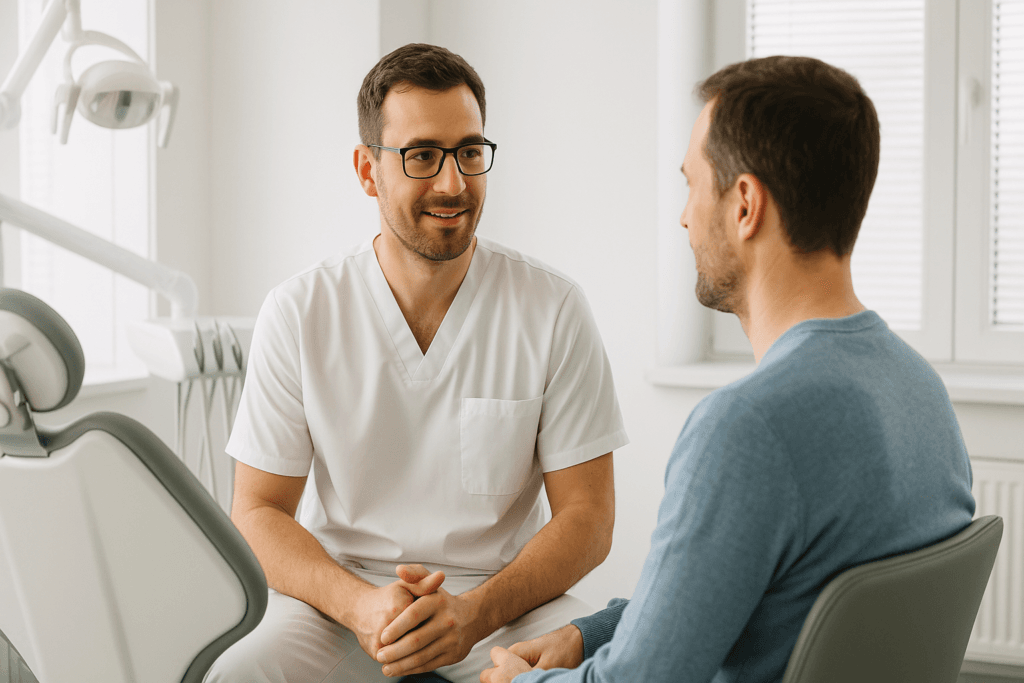 Nowoczesny gabinet stomatologiczny i stomatolog rozmawiający z pacjentem podczas konsultacji